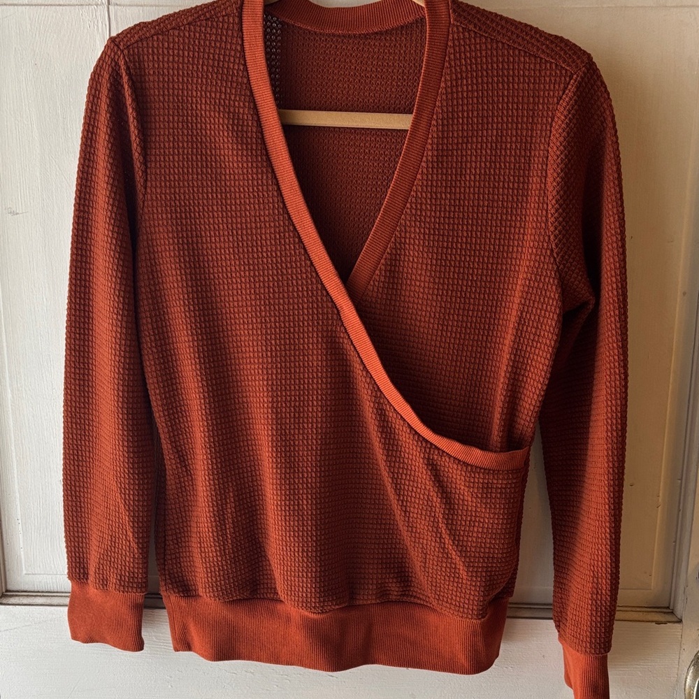 Wrap-Style Waffle Knit Pullover in Rust